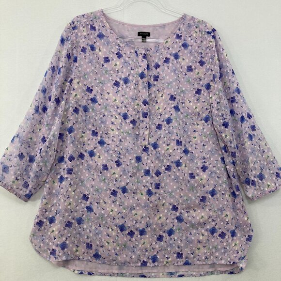 Talbots size XL Purple Blue Floral Swiss Dot Feminine Popover Blouse Office - Picture 1 of 10